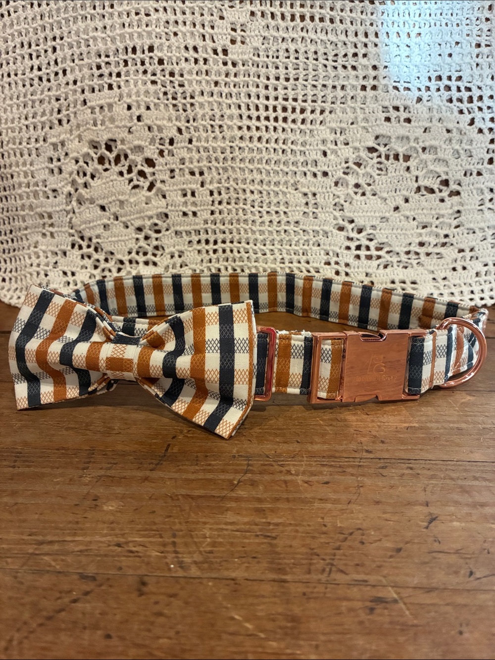 Striped Bow Tie Dog Collar in Tan, Adjustable to 25” New